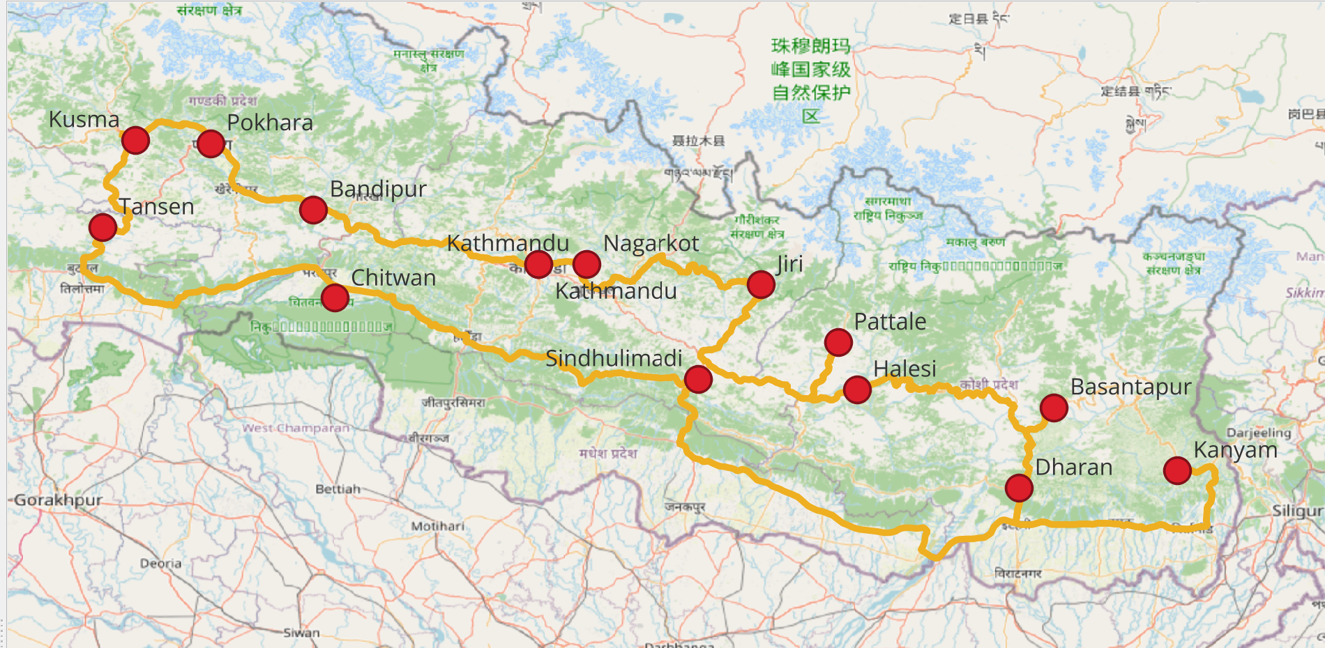 Map of the Eastern Nepal Motorcycle Expedition route